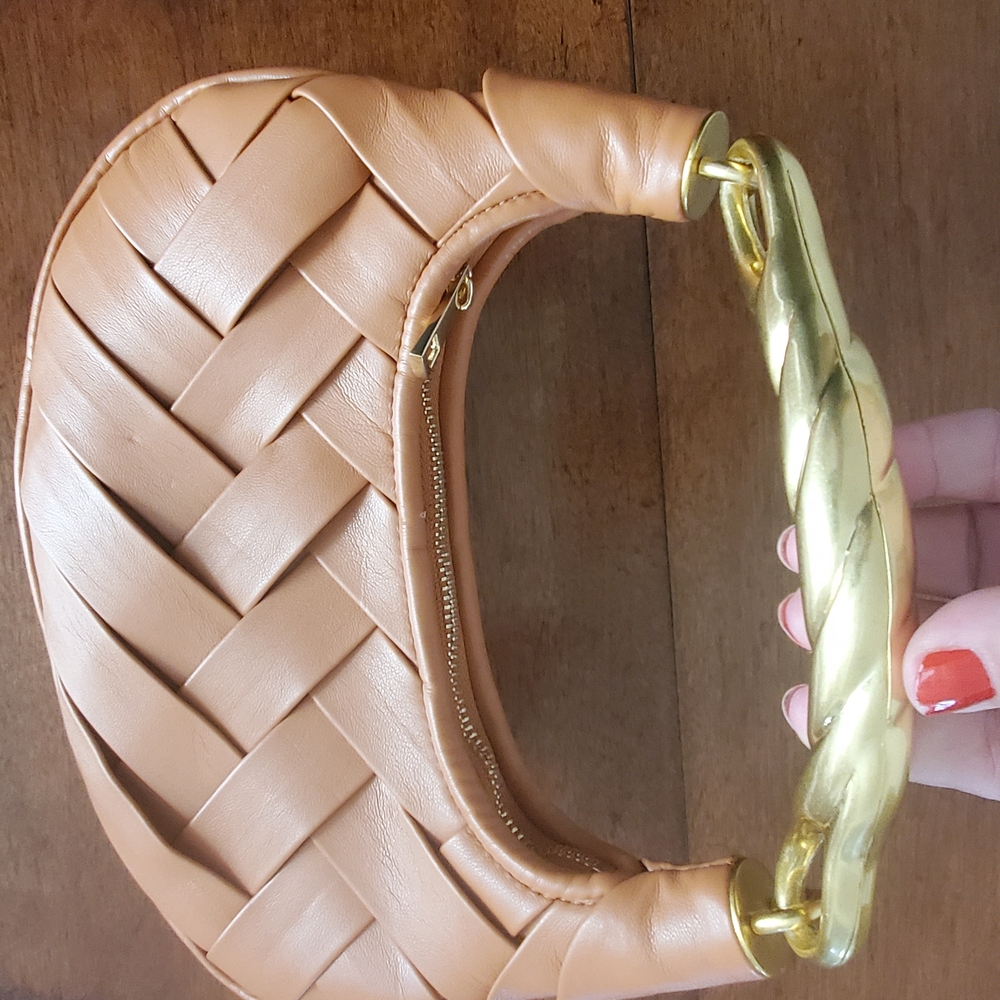 Chic Tan Woven Faux  Leather Shoulder Bag with Gold Handle